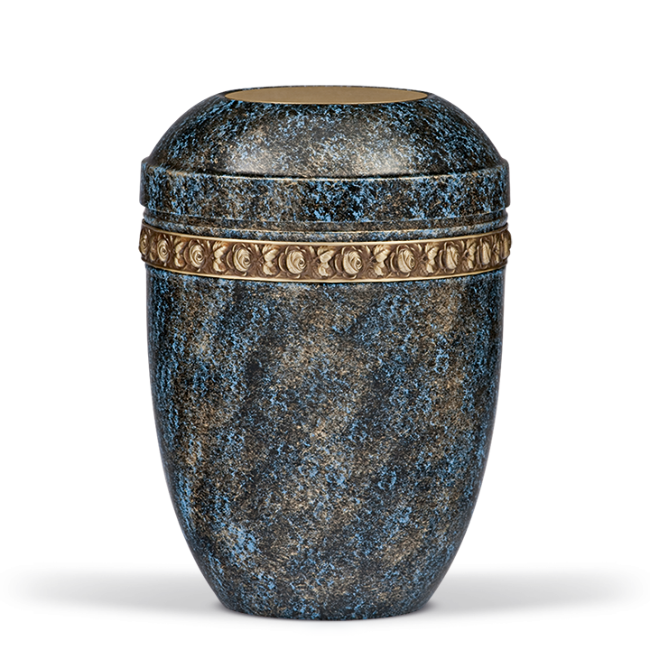 Urne Blau-Bronze Handpatiniert, Messing Rosendekor