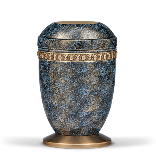 Urne Blau-Bronze Handpatiniert, Rosendekor, Sockel