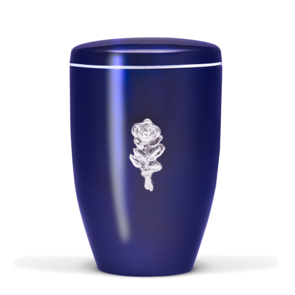 Urne Kobalt-Blau, Massiv Rosenblüte silberf. poliert, Silberband